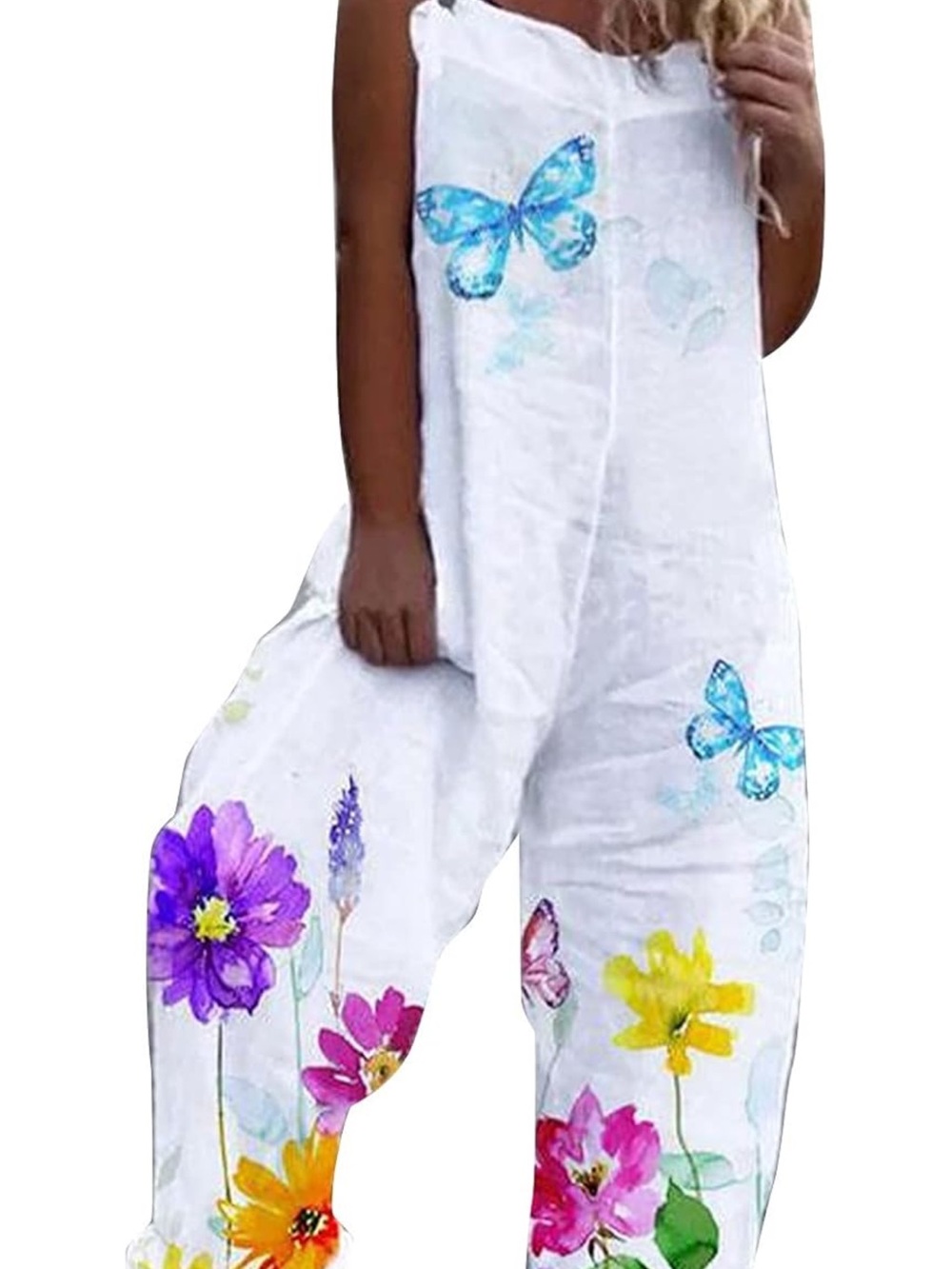 Women’s White Floral & Butterfly Linen Romper Jumpsuit - Picture 2 of 6